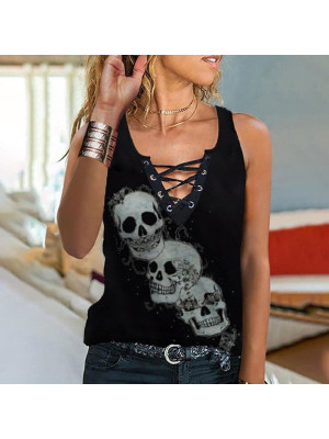 UK Womens Summer Skull Vest Tank Sleeveless T Shirt V Neck Tops Blouse Plus Size