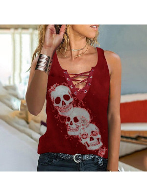 UK Womens Summer Skull Vest Tank Sleeveless T Shirt V Neck Tops Blouse Plus Size