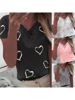 Womens Slim Print Tops Short Sleeve Blouse Ladies T Shirt Summer Tee Plus Size