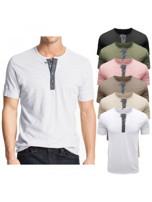 Mens Grandad Neck Short Sleeve Tops Dress T Shirts Business Casual Henley Blouse