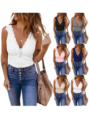 Womens Deep V Neck Tops Ladies Lace Sexy Tank Slim Fit Vest Shirt Size Blouse 16