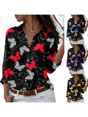 Plus Size Womens V Neck Print Tops Ladies Long Sleeve Buttons T Shirt Blouse