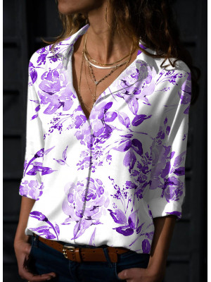 Womens V Neck Floral Tops Ladies Long Sleeve Buttons T Shirt Plus Size Blouse