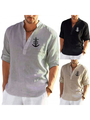 Mens Long Sleeve Linen Shirts Summer Pirnt Loose Casual Dress Shirt Blouse Tops