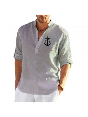 Mens Long Sleeve Linen Shirts Summer Pirnt Loose Casual Dress Shirt Blouse Tops