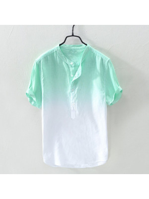 Mens Grandad Linen Short Sleeve Shirt Summer Smart Casual Gradient Tee Dress Top