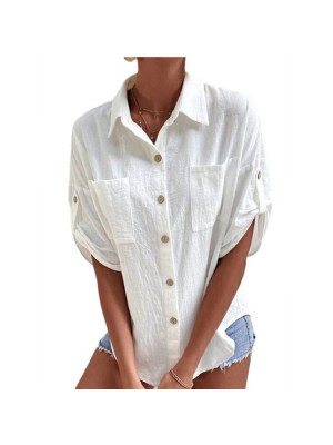 Womens Casual Cotton Linen Plain Blouse Tops Ladies Loose Short Sleeve T-Shirt