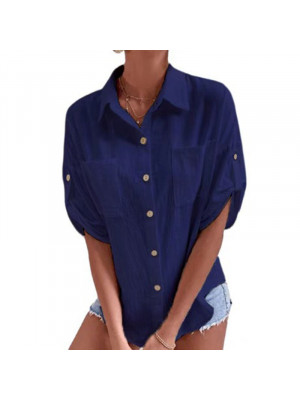 Womens Casual Cotton Linen Plain Blouse Tops Ladies Loose Short Sleeve T-Shirt