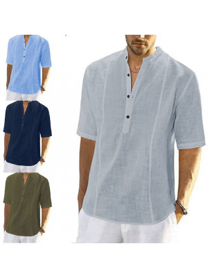 Mens Casual Half Sleeve Linen Shirt Tops Plain Dress Shirt Summer Loose Blouse