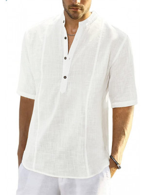 Mens Casual Half Sleeve Linen Shirt Tops Plain Dress Shirt Summer Loose Blouse