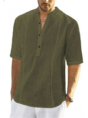 Mens Casual Half Sleeve Linen Shirt Tops Plain Dress Shirt Summer Loose Blouse