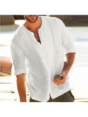 Mens Casual Cotton Linen Tops Loose Half Sleeve Dress Shirt Summer Casual Blouse