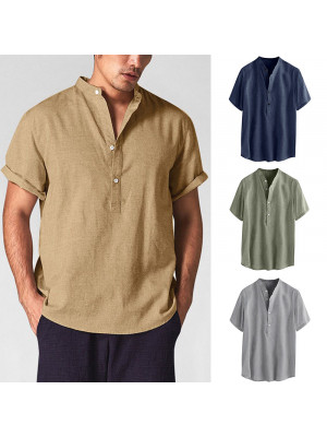 Mens Short Sleeve Linen Shirts Solid Loose Casual Dress Shirt Blouse Summer Tops