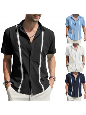 Mens Lapel Linen Short Sleeve Tops Summer Loose Shirt Print Formal Dress Blouse 