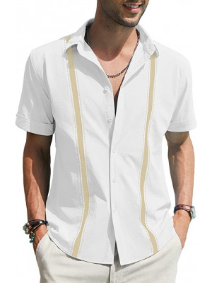 Mens Lapel Linen Short Sleeve Tops Summer Loose Shirt Print Formal Dress Blouse 