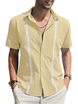 Mens Lapel Linen Short Sleeve Tops Summer Loose Shirt Print Formal Dress Blouse 