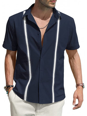 Mens Lapel Linen Short Sleeve Tops Summer Loose Shirt Print Formal Dress Blouse 