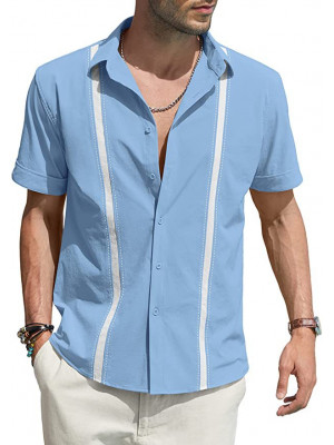 Mens Lapel Linen Short Sleeve Tops Summer Loose Shirt Print Formal Dress Blouse 