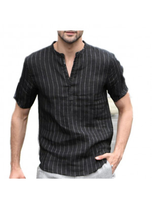 Mens Summer Striped Print Shirt Short Sleeve V Neck Casual Loose Tops Blouse