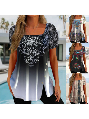 Women Casual Print Tunic Tops Short Sleeve Summer T-shirt Ladies Pullover Blouse