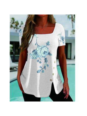 Women Casual Print Tunic Tops Short Sleeve Summer T-shirt Ladies Pullover Blouse