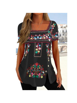 Women Casual Print Tunic Tops Short Sleeve Summer T-shirt Ladies Pullover Blouse