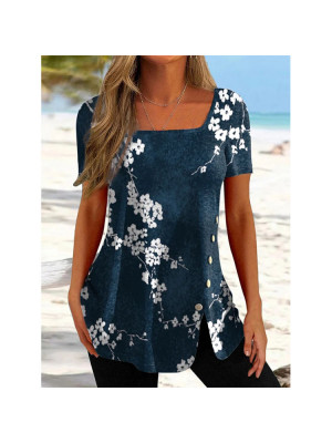 Women Casual Print Tunic Tops Short Sleeve Summer T-shirt Ladies Pullover Blouse