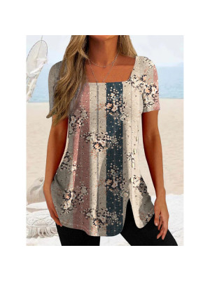 Women Casual Print Tunic Tops Short Sleeve Summer T-shirt Ladies Pullover Blouse