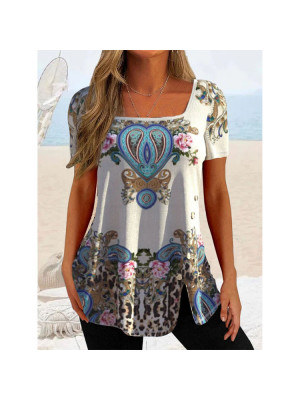 Women Casual Print Tunic Tops Short Sleeve Summer T-shirt Ladies Pullover Blouse