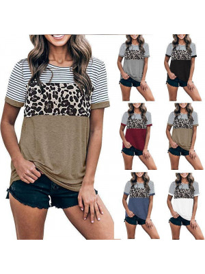 Womens Casual Leopard Print Tops Lady Short Sleeve Baggy T-shirt Pullover Blouse