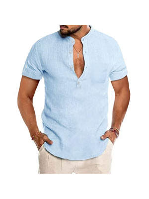 Mens Short Sleeve Linen Shirts Summer Loose Casual Dress Shirt Blouse Solid  Tops