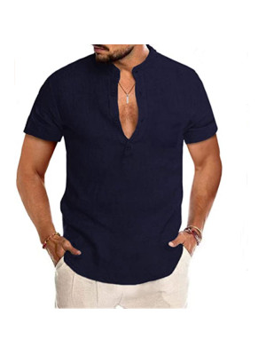 Mens Short Sleeve Linen Shirts Summer Loose Casual Dress Shirt Blouse Solid  Tops