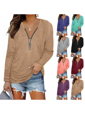 Women Ladies Zip V Neck T-Shirt Casual Baggy Tops Long Sleeve Plus Size Blouse