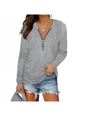 Women Ladies Zip V Neck T-Shirt Casual Baggy Tops Long Sleeve Plus Size Blouse