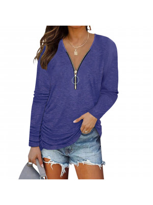 Women Ladies Zip V Neck T-Shirt Casual Baggy Tops Long Sleeve Plus Size Blouse