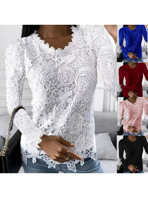 Womens Casual Lace Long Sleeve Tops Ladies Summer Slim Blouse Plus Size T-shirt