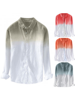 Mens Linen Style Long Sleeve Shirt Button-down Casual Gradient Tee Dress Tops 