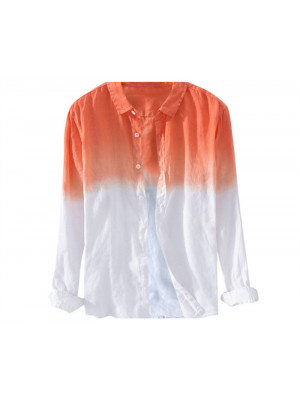 Mens Linen Style Long Sleeve Shirt Button-down Casual Gradient Tee Dress Tops 