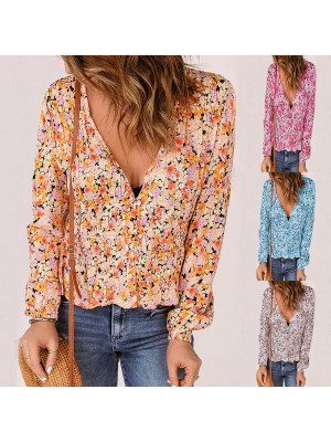 Womens Casual V Neck T-Shirt Tops Ladies Floral Long Sleeve Tuck Short Blouse UK