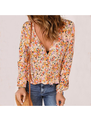 Womens Casual V Neck T-Shirt Tops Ladies Floral Long Sleeve Tuck Short Blouse UK