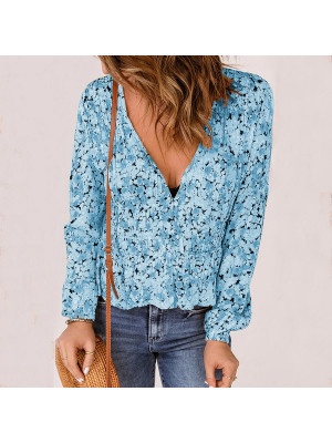 Womens Casual V Neck T-Shirt Tops Ladies Floral Long Sleeve Tuck Short Blouse UK