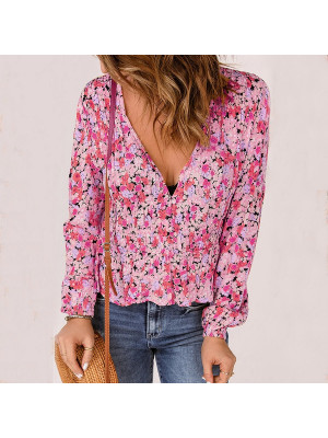 Womens Casual V Neck T-Shirt Tops Ladies Floral Long Sleeve Tuck Short Blouse UK