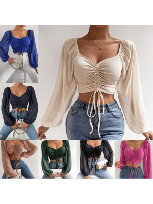 Womens Casual Slim Fit T-Shirt Drawstring Crop Tops Ladies Long Sleeve Blouse UK