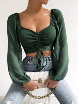 Womens Casual Slim Fit T-Shirt Drawstring Crop Tops Ladies Long Sleeve Blouse UK