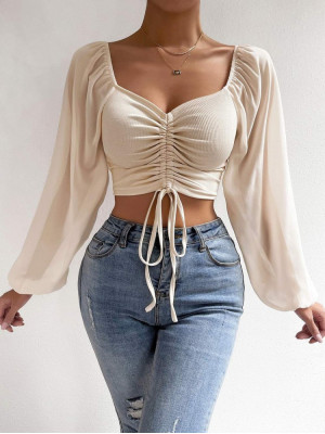 Womens Casual Slim Fit T-Shirt Drawstring Crop Tops Ladies Long Sleeve Blouse UK