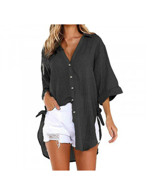 Womens Baggy Shirt Button Long Sleeve Ladies Casual Loose Blouse Irregular Tops
