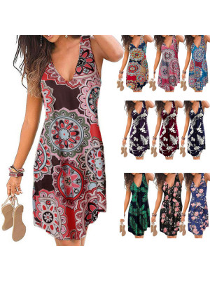 Womens Boho Flower Print V Neck Midi Dress Ladies Sleeveless Summer Dresses  