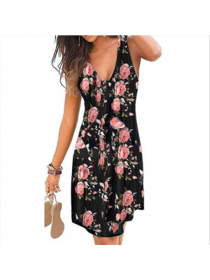 Womens Boho Flower Print V Neck Midi Dress Ladies Sleeveless Summer Dresses  