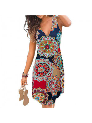 Womens Boho Flower Print V Neck Midi Dress Ladies Sleeveless Summer Dresses  