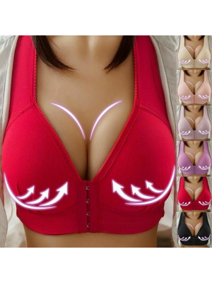 Womens Front Fastening Bra Ladies Non-wire Push up Brassiere Deep-V Lined Bra Up